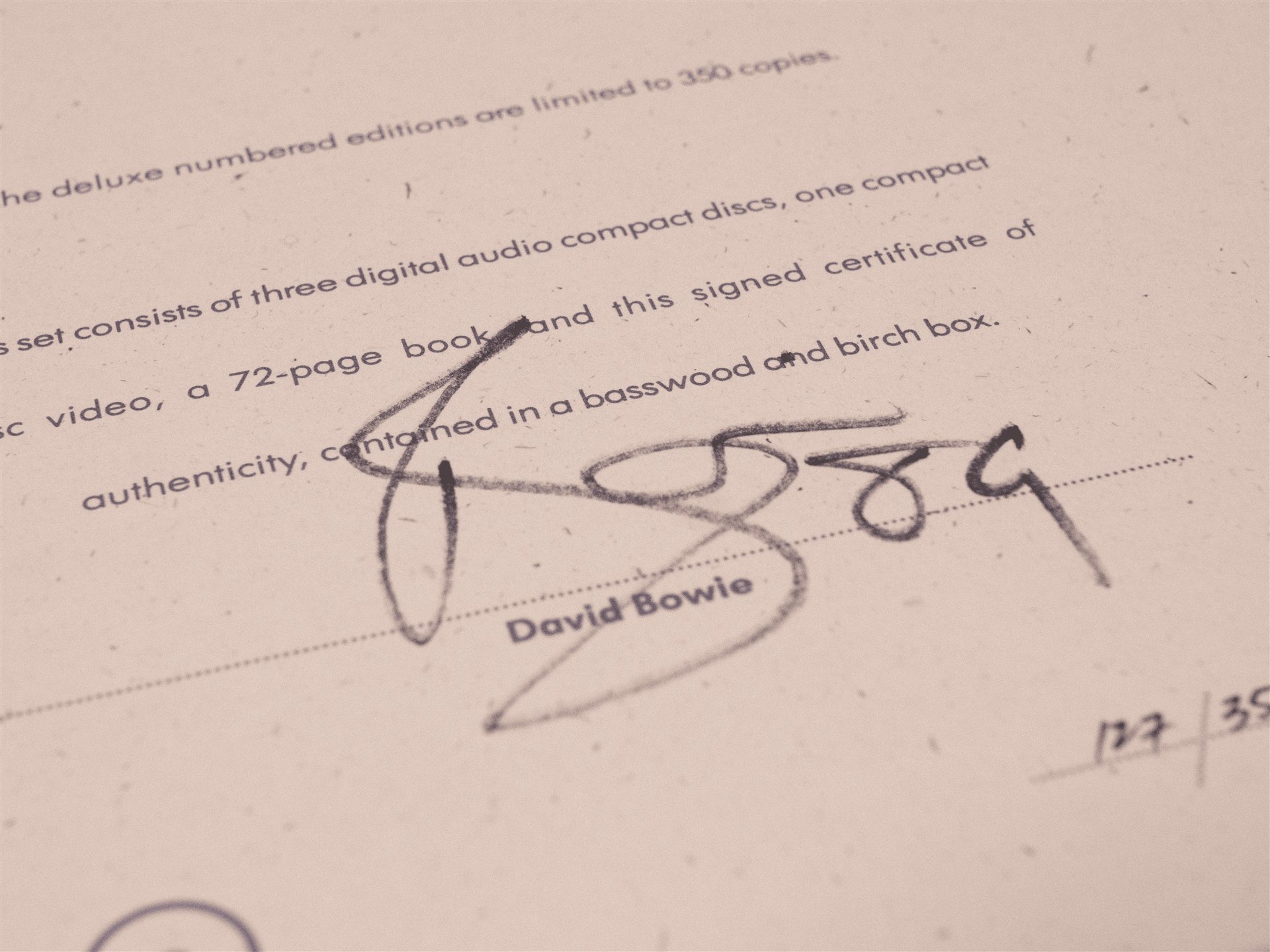 David Bowie's signature on the certificate of authenticity