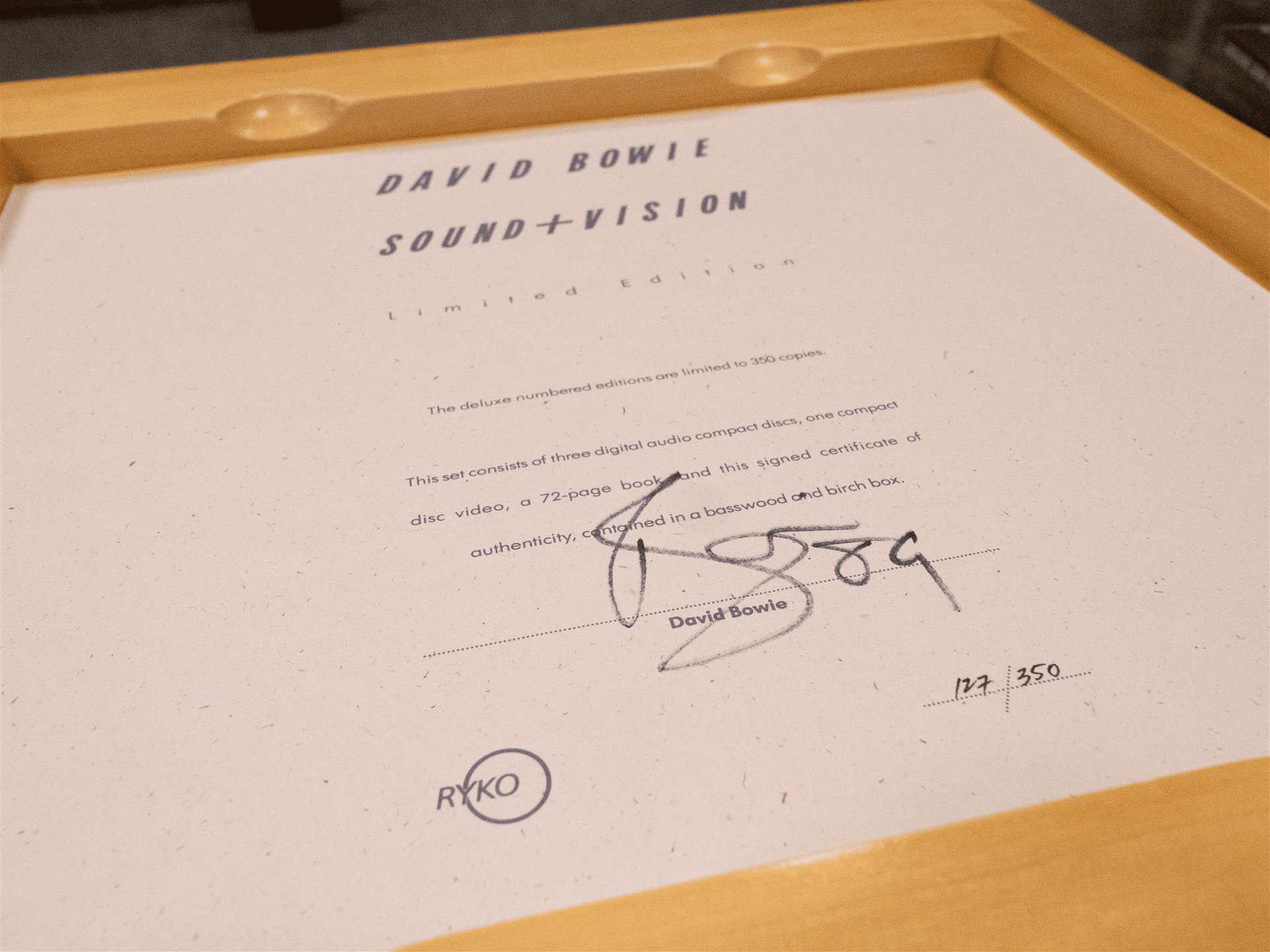 David Bowie Sound + Vision - signed certificate of authenticity, copy 127 of 350