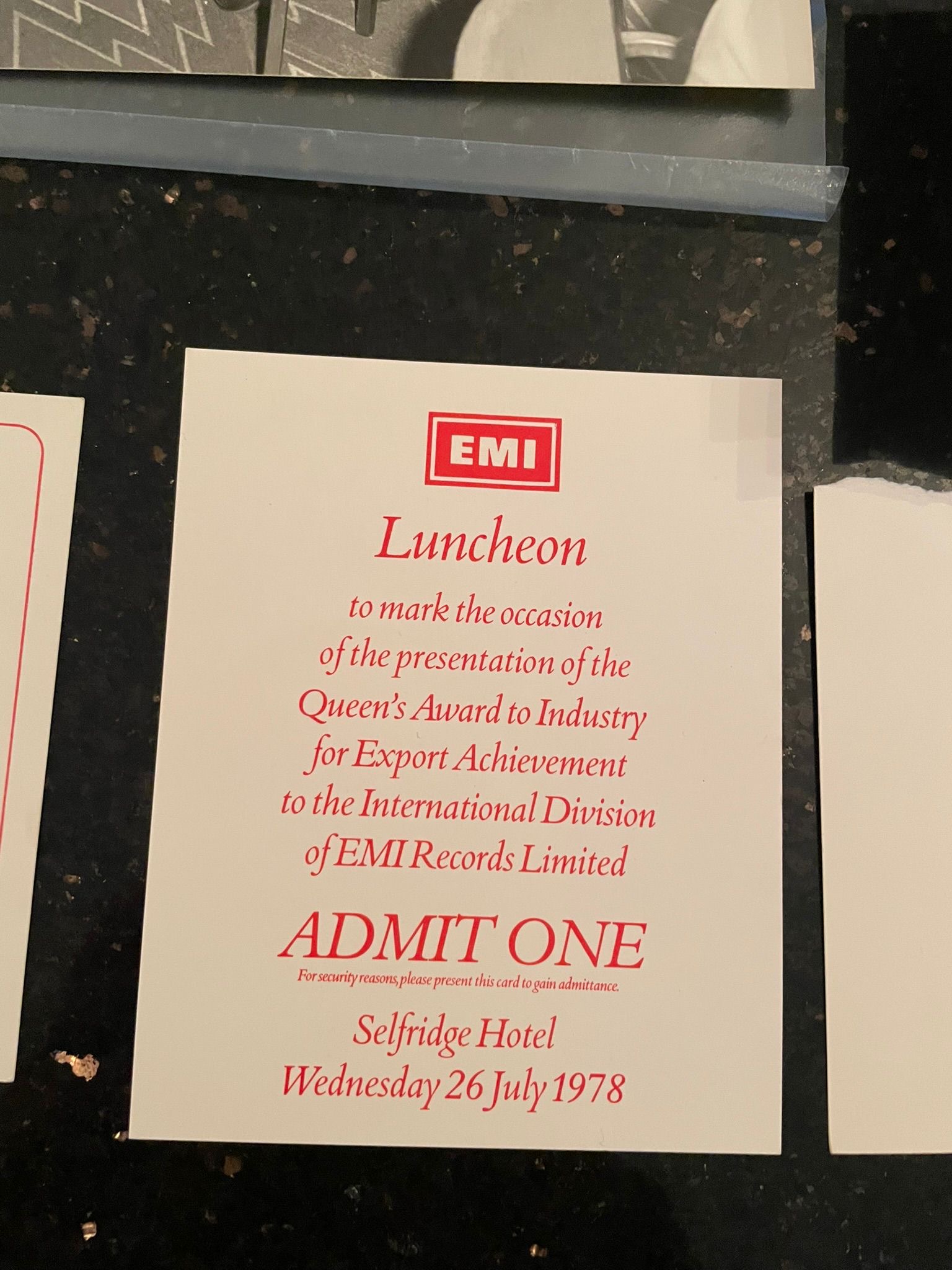 ADMIT ONE luncheon admission card, Selfridge Hotel, Wednesday 26 July 1978