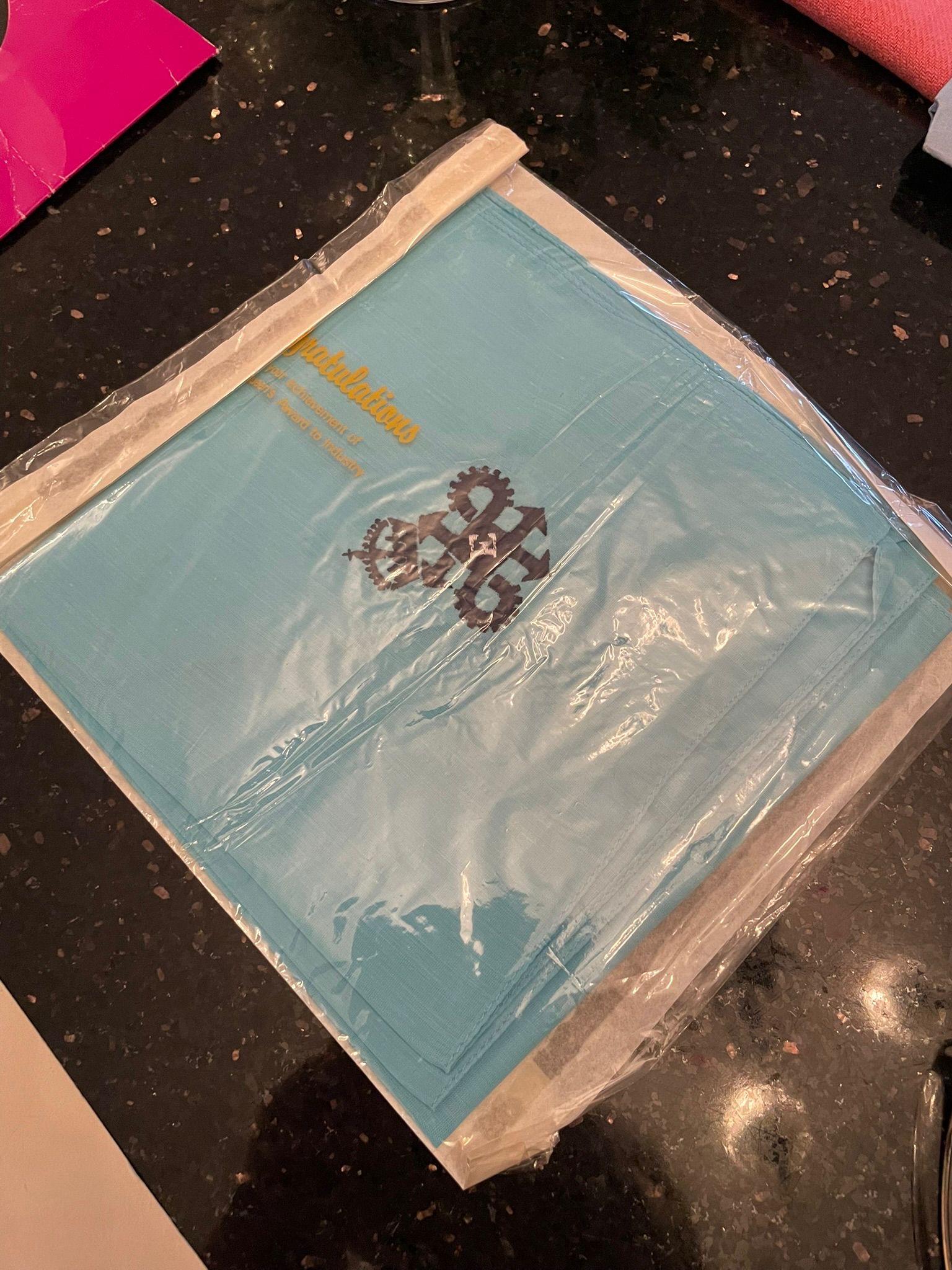 Commemorative blue handkerchiefs in original cellophane, Queen's Award 1978