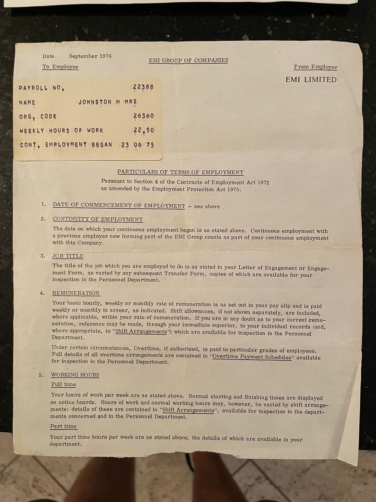 EMI Group of Companies employment particulars for Johnston M Mrs, September 1976