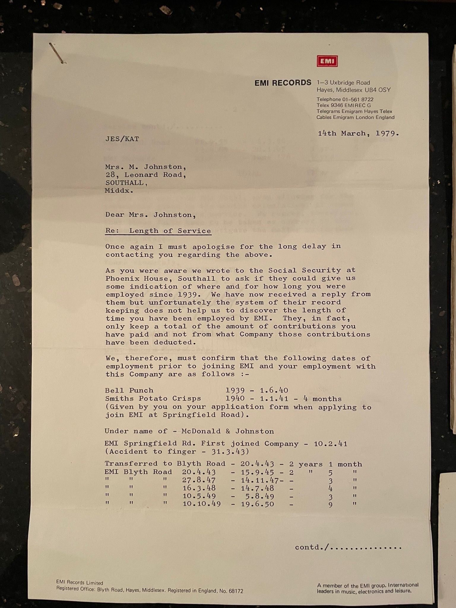 EMI Records letter regarding length of service, 14 March 1979