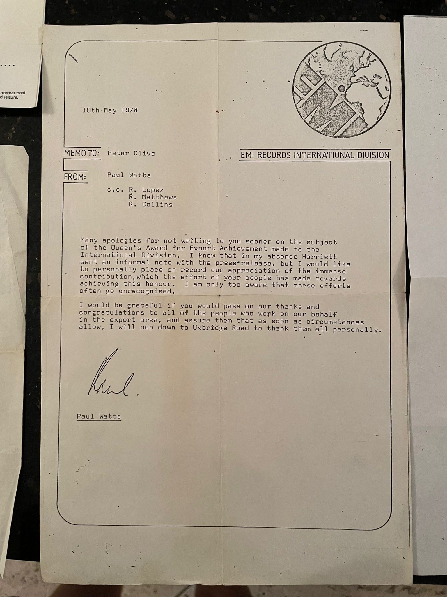 Internal EMI memo from Paul Watts to Peter Clive, 10 May 1978