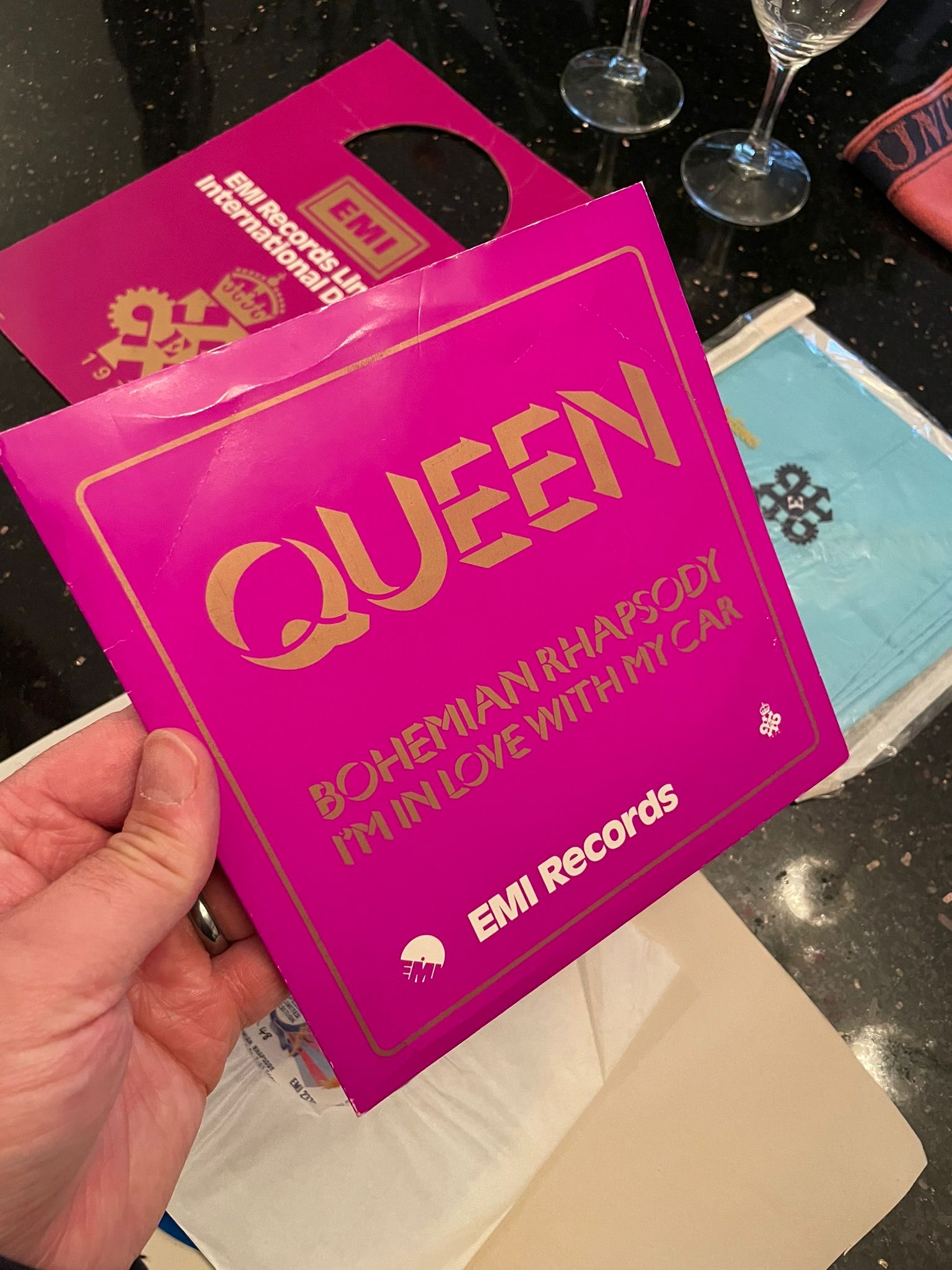 The EMI Queen's Award Collection — Blue vinyl, sleeve, carrier bag, wine glass