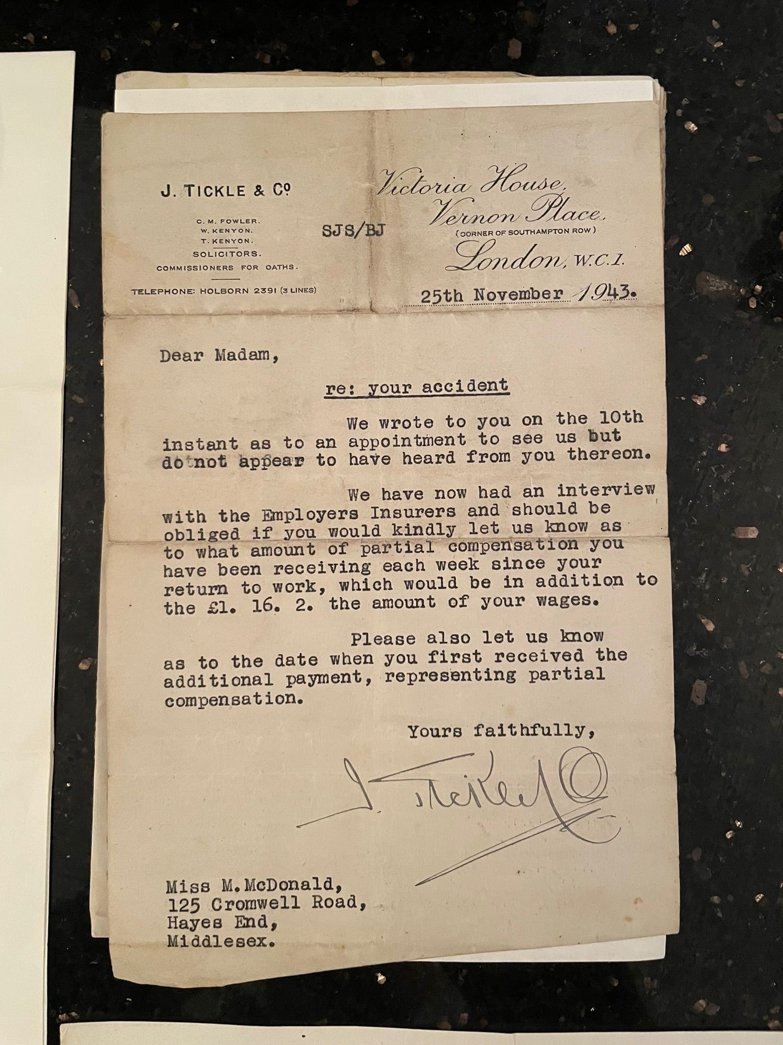 J. Tickle and Co. solicitors letter to Miss M. McDonald, 25 November 1943