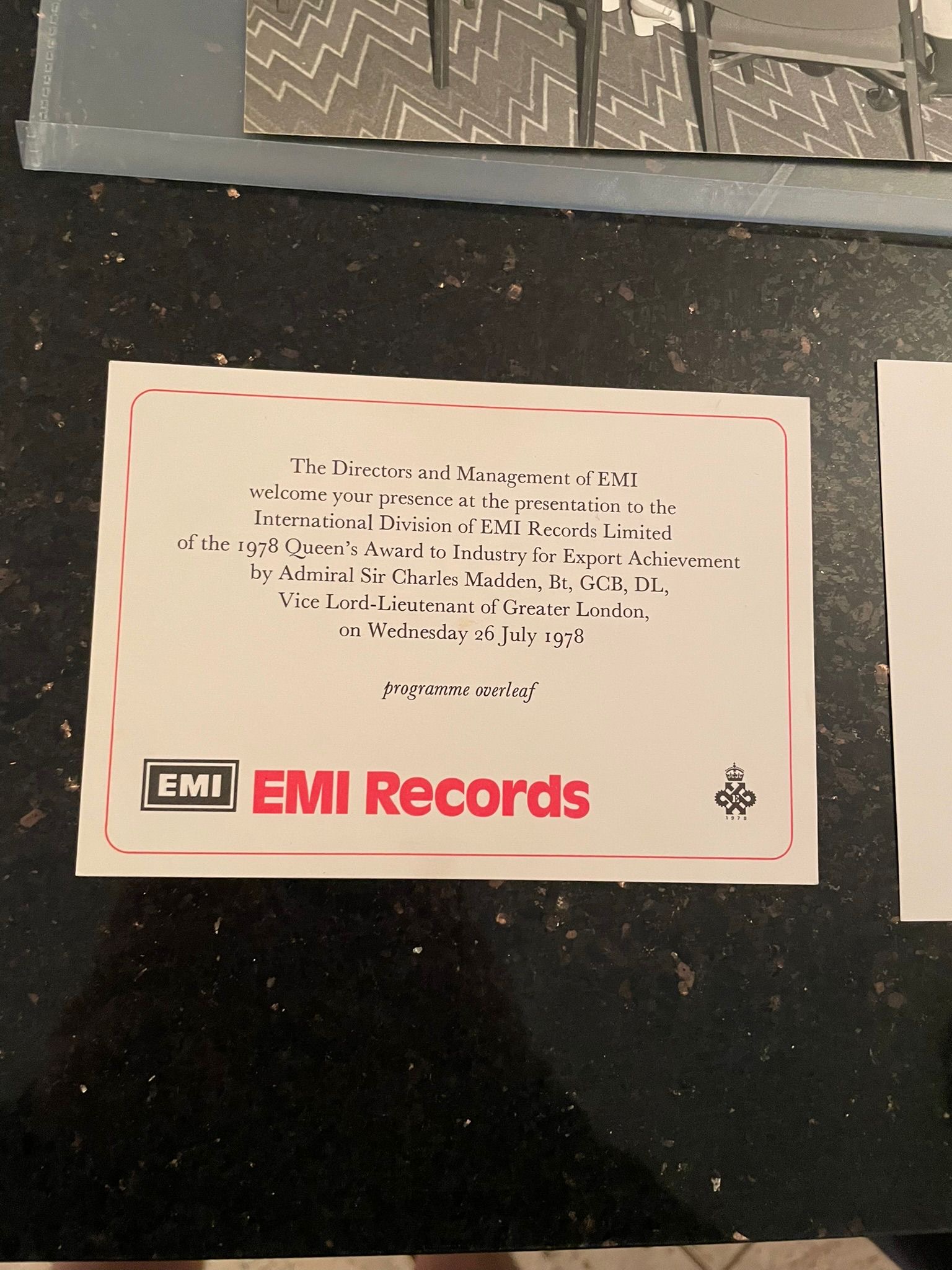 EMI Directors and Management welcome card for the 1978 Queen's Award presentation